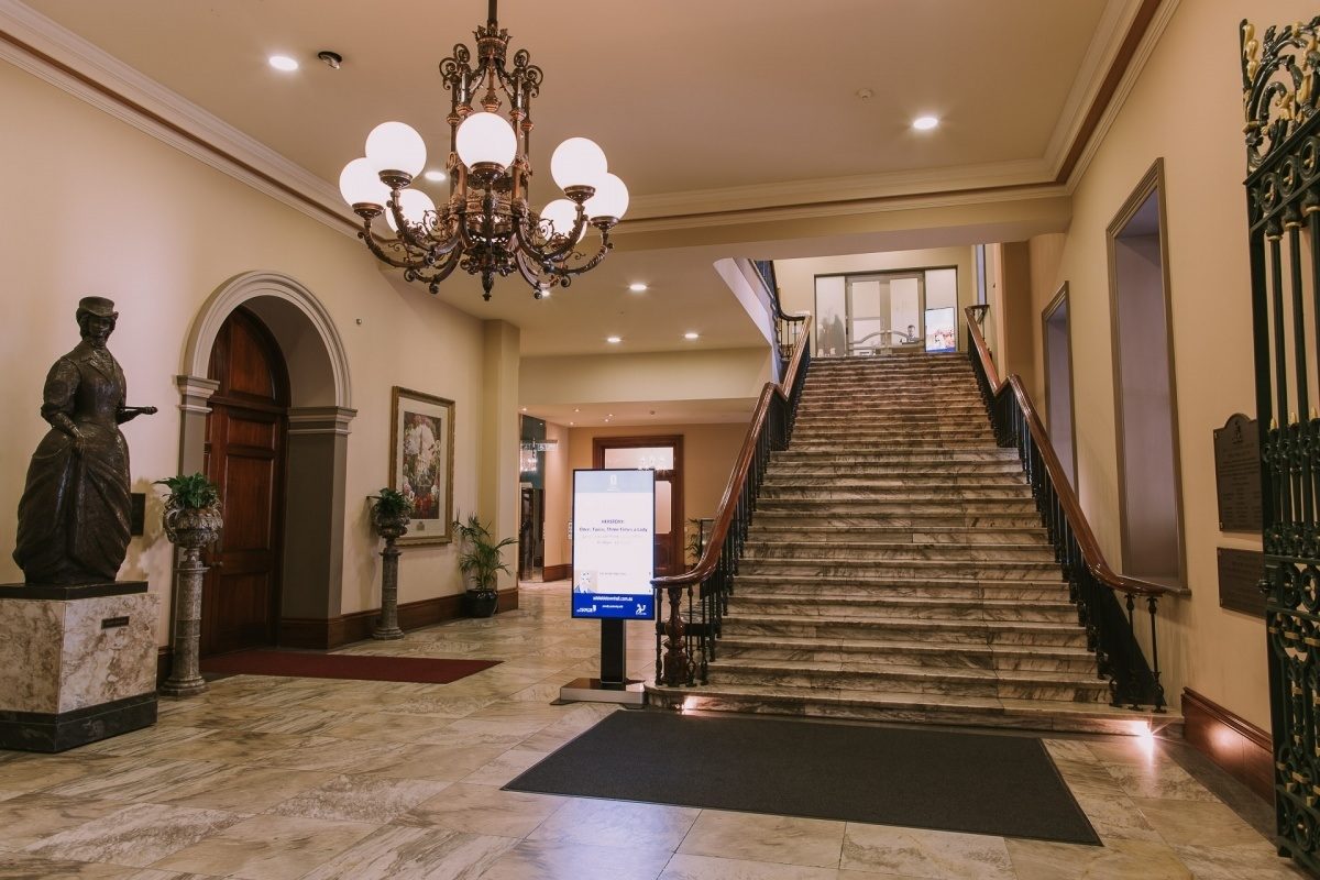 A view of the marble staircase from the main foyer at Adelaide Town Hall