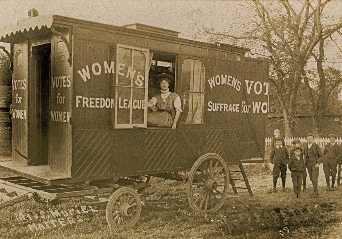 Miss Muriel Matters aboard the W F L Vote for Women Caravan Photograph c 1908 MMS13 PCWF1