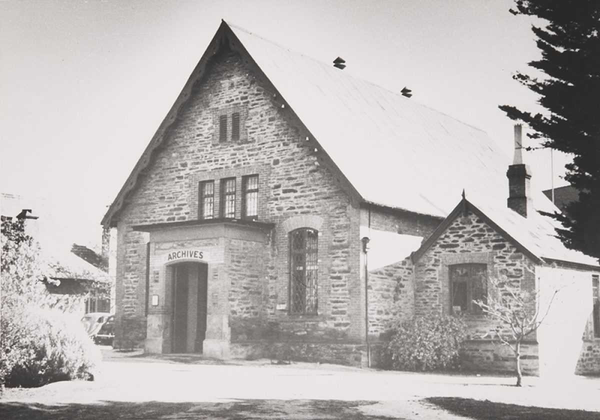 Black and white photo of original archives building