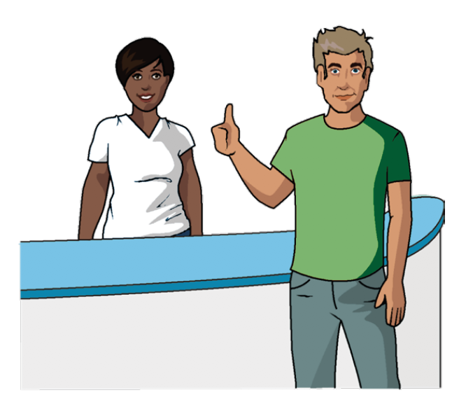 person helping another person behind a counter