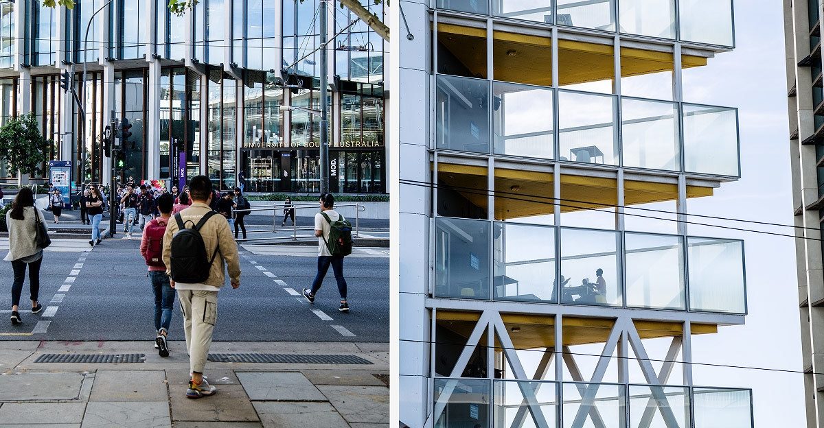 Students crossing North Terrace to UNISA
