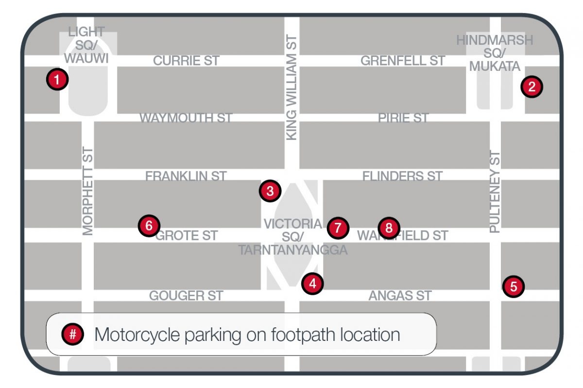 An image map of locations allowing motorcycle parking on footpath