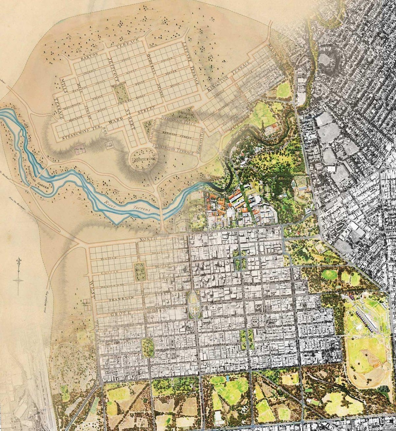 city layout park lands 2015 vs 1837 aerial