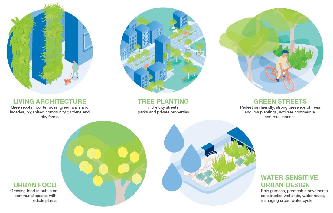 Stylised graphic showing different forms of greening.
