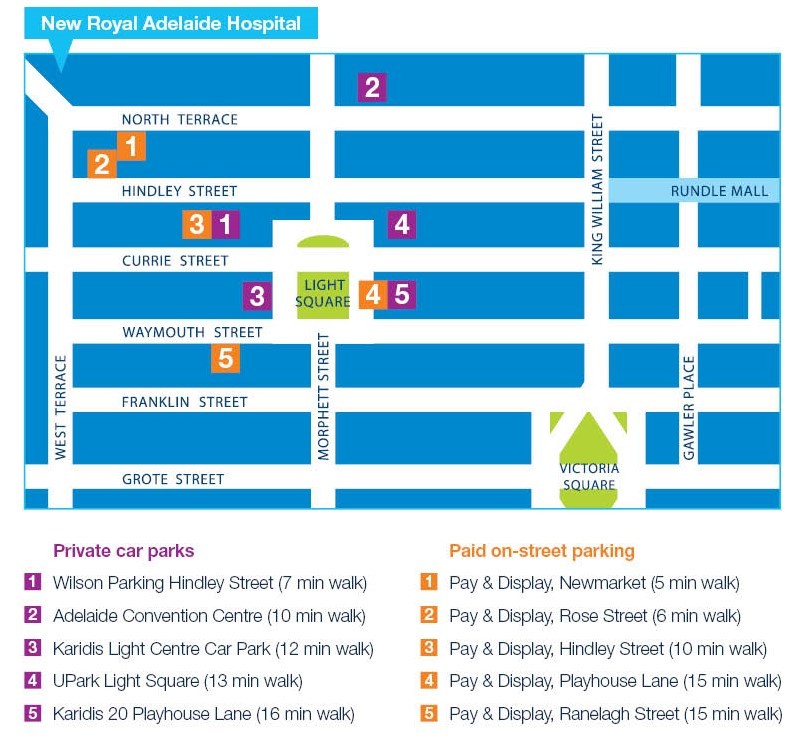 An image map showing parking nearby Royal Adelaide Hospital