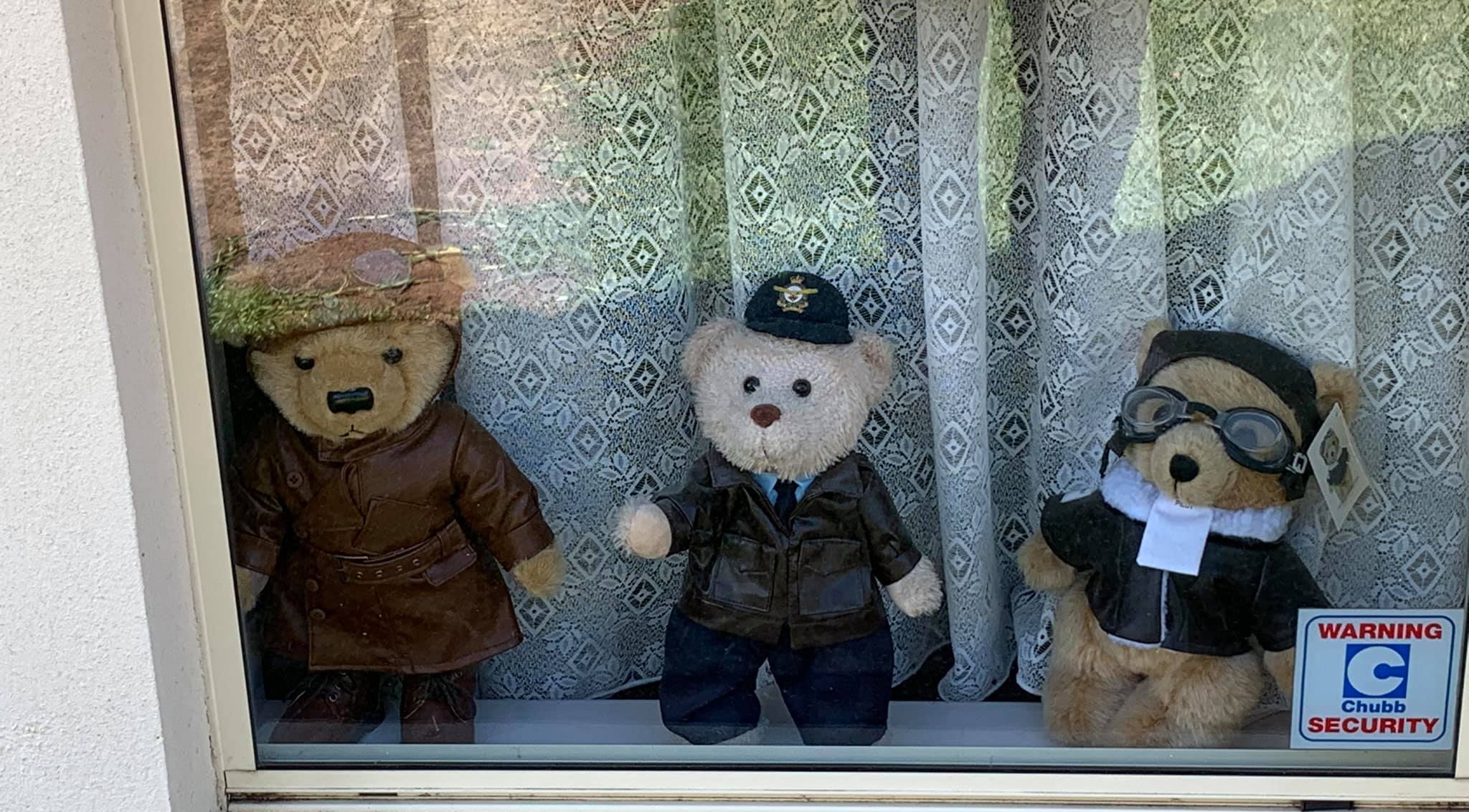 teddy bears in window