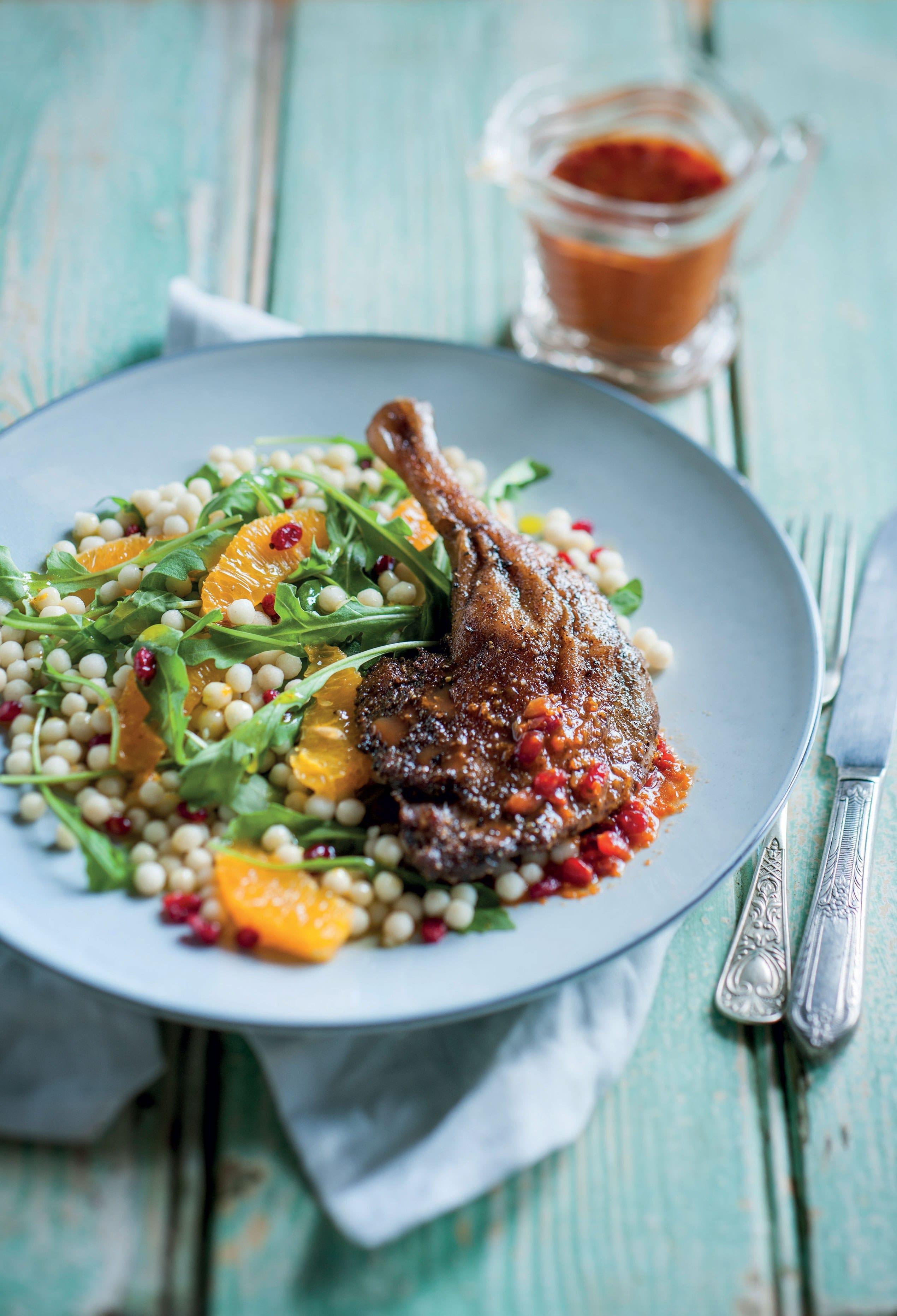 Optimised tangelo spiced duck and pearl cous cous salad